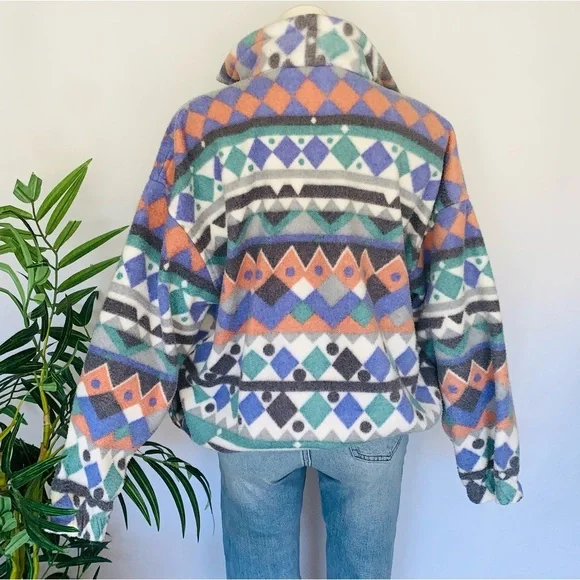 v i n t a g e :: Retro Oversized Aztec Fleece Jacket Pullover - Picture 5 of 9